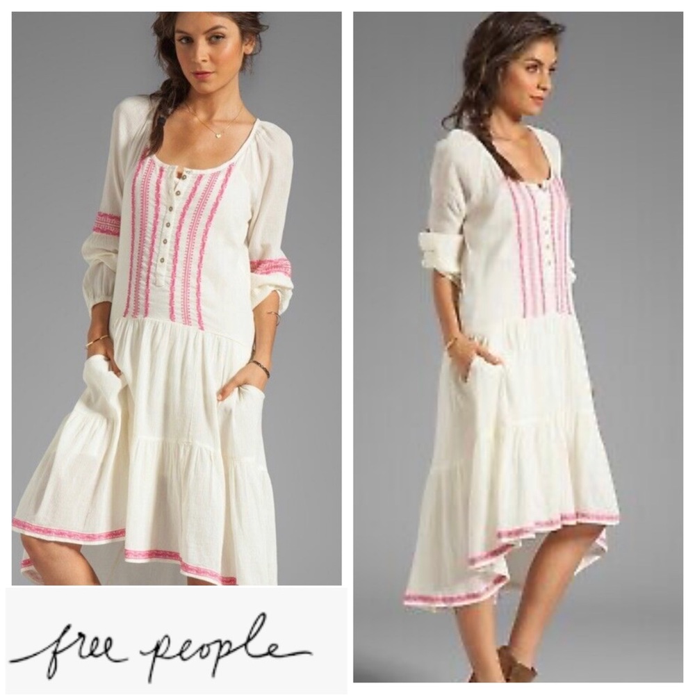 FREE PEOPLE Light Heart Embroidered Peasant Dress Bohemian gauzy white pink M